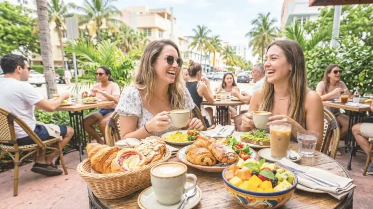 A sunny outdoor brunch table in Miami with coffee, pastries, and fresh fruit